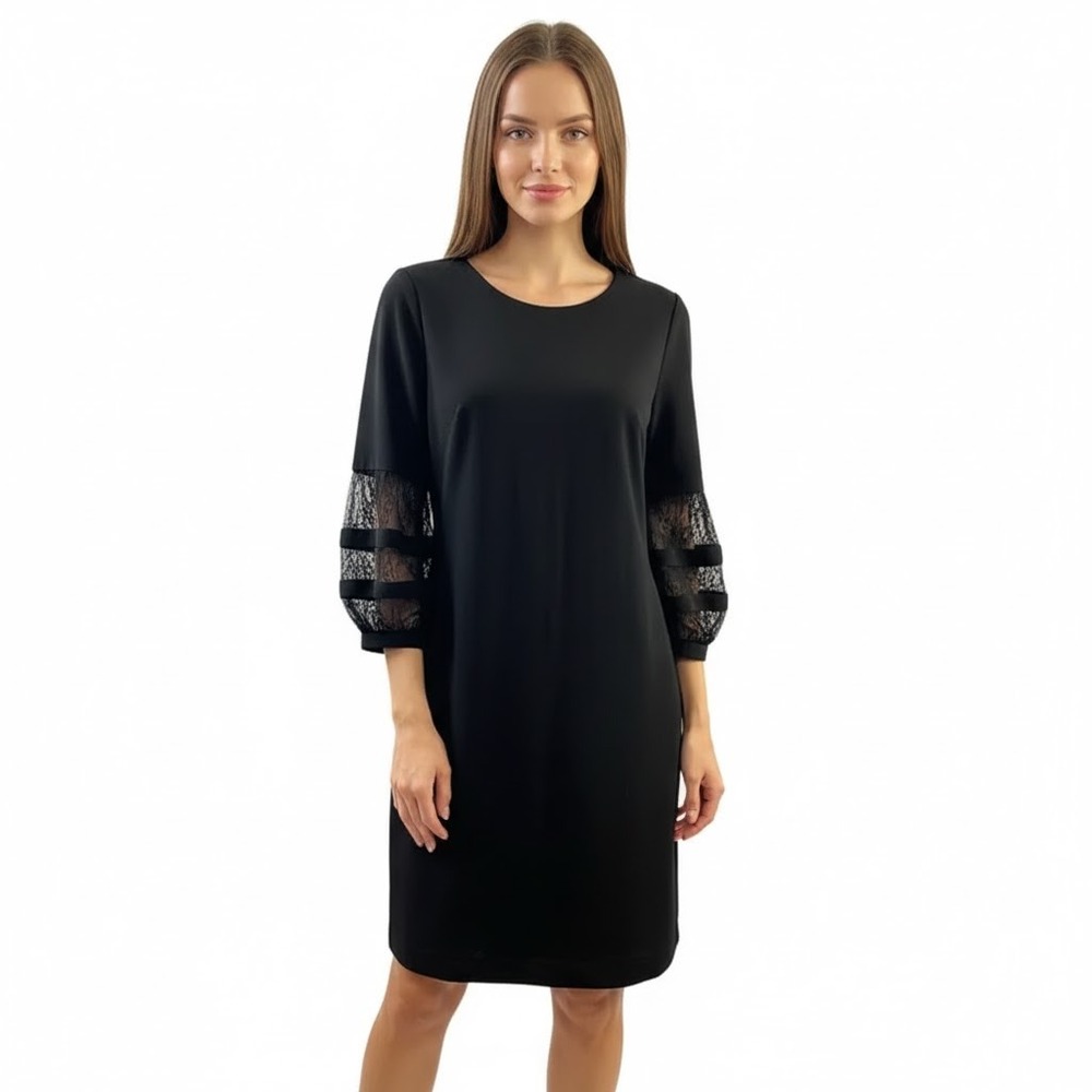 Calvin Klein Shift Dress Black Lace Sleeve Little Black Dress Stretch Feminine